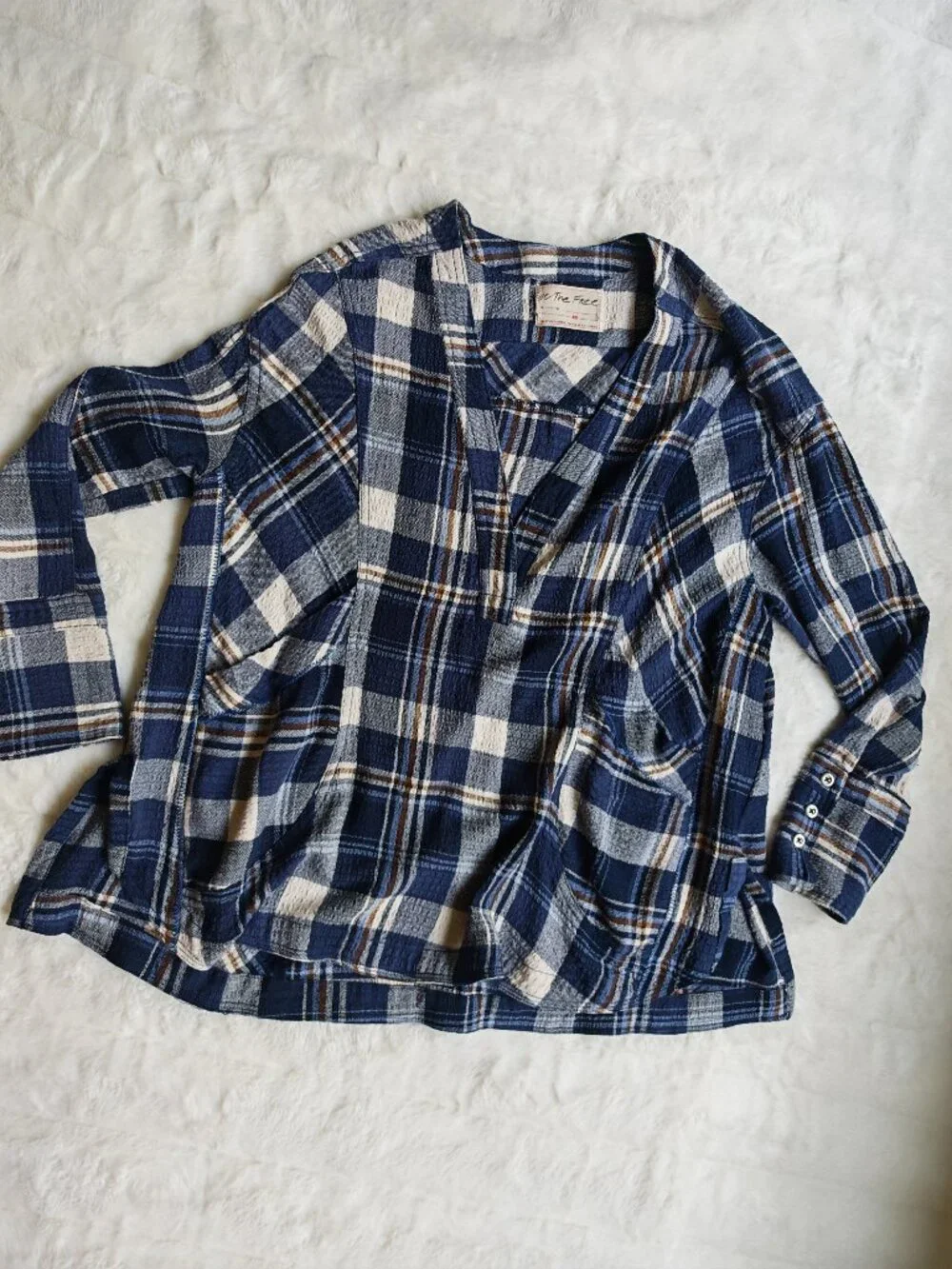 Free People We The Free By The Shore Plaid Shirt XS Blue Oversized V-Neck Pullov